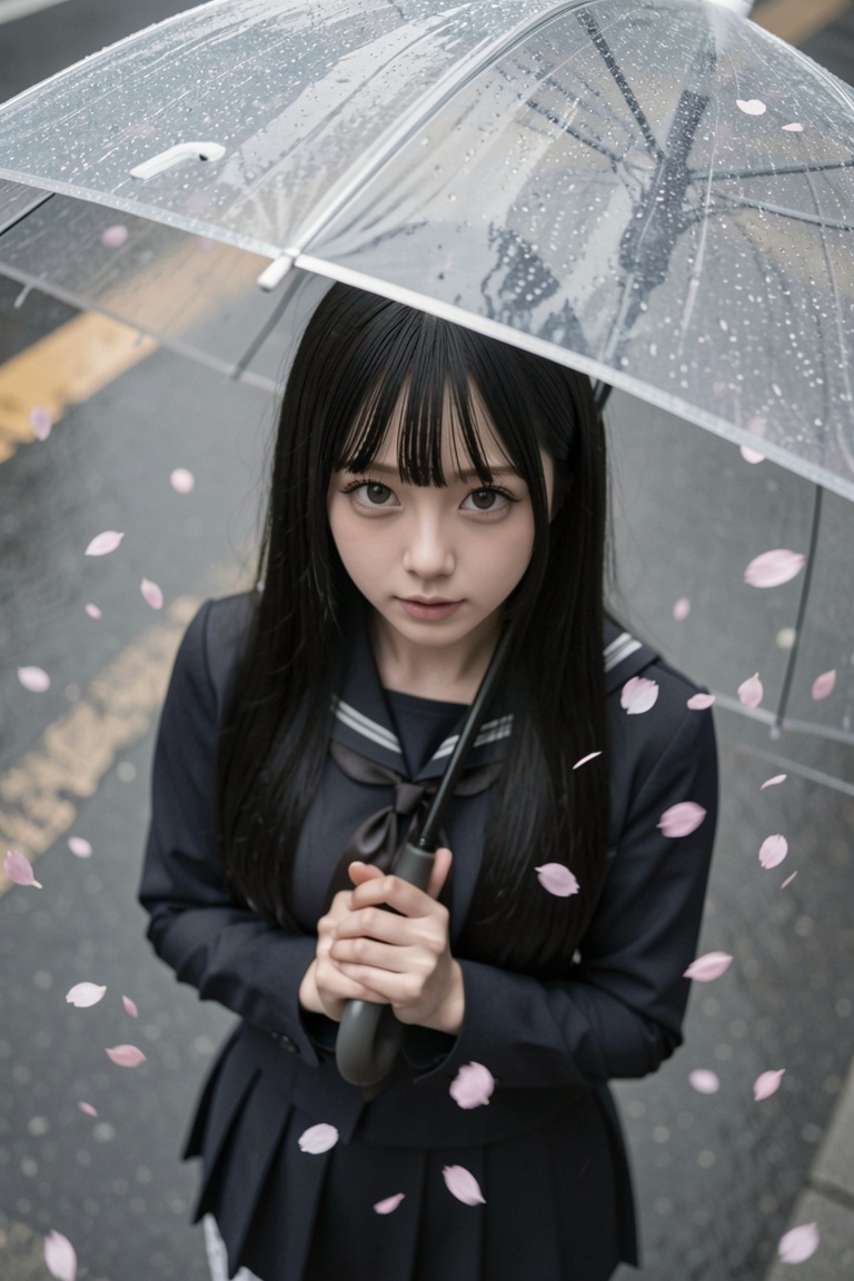 A photorealistic,  photograph High-angle,  extreme close-up shot looking down at a young East Asian woman standing on a ci...