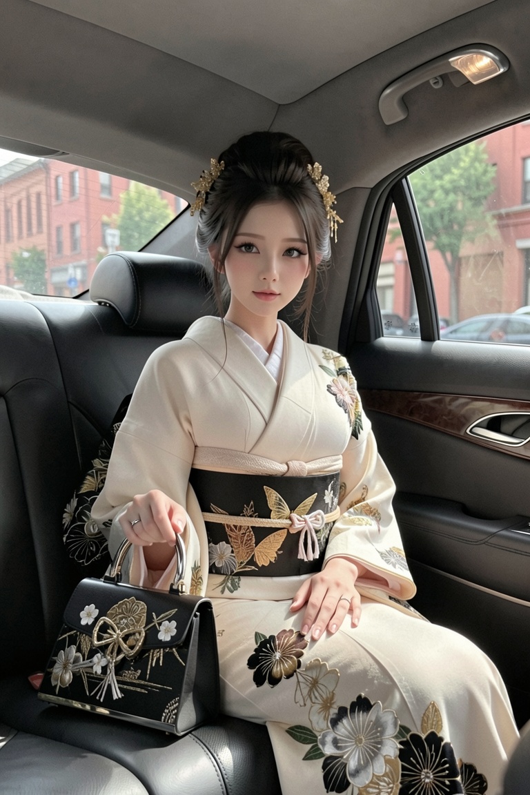 A young woman is sitting in the back seat of a limousine,  wearing an exquisite and gorgeous kimono. The kimono has an off...