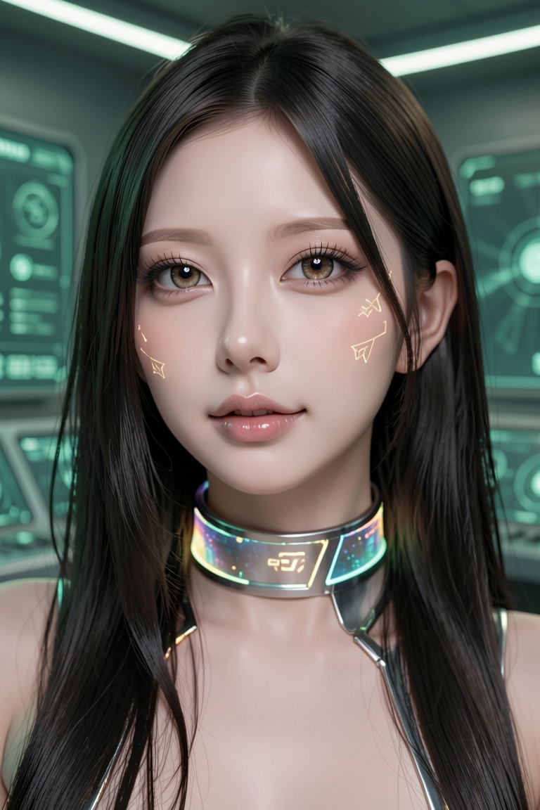 A close-up of a captivating woman with smooth porcelain skin and shimmering metallic lips. Her long,  jet-black hair casca...