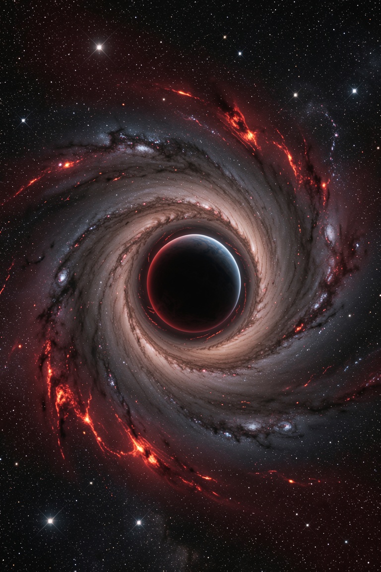 FuturEvoLab_Red,  A breathtaking cosmic scene featuring a massive swirling galactic vortex in space. The vortex is surroun...