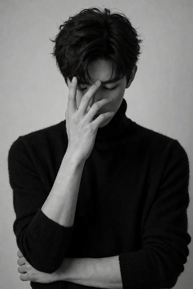黑白手机壁纸,  充满内敛的魅力。 画面中,  身着黑色高领毛衣的男生 on Tensor.Art