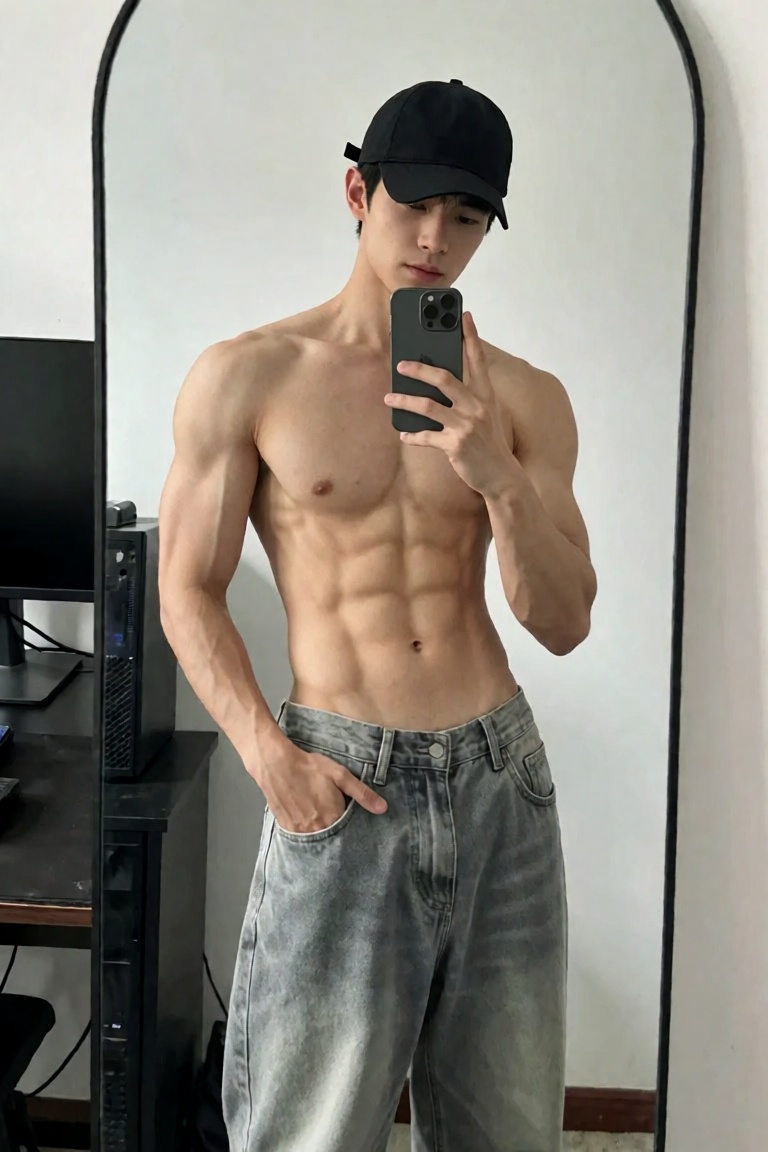 这张照片是一位年轻男性在镜子前自拍的全身照。他上身赤裸,  展现出非常明显的肌肉线条,  包括清晰的腹肌、胸肌和手臂肌肉 on Tensor.Art