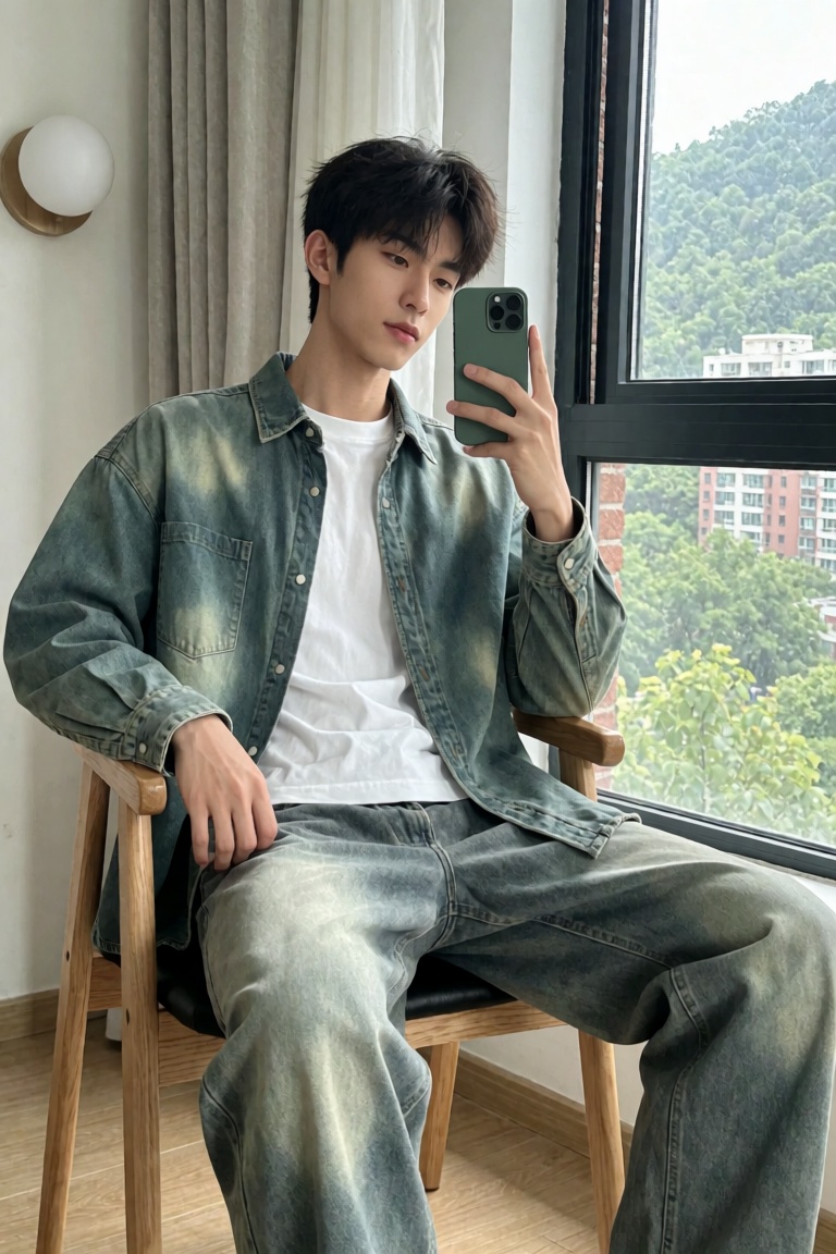 18岁中国休闲型男,  身高185厘米,  身形挺拔。身着青绿色牛仔衬衫（做旧水洗 on Tensor.Art