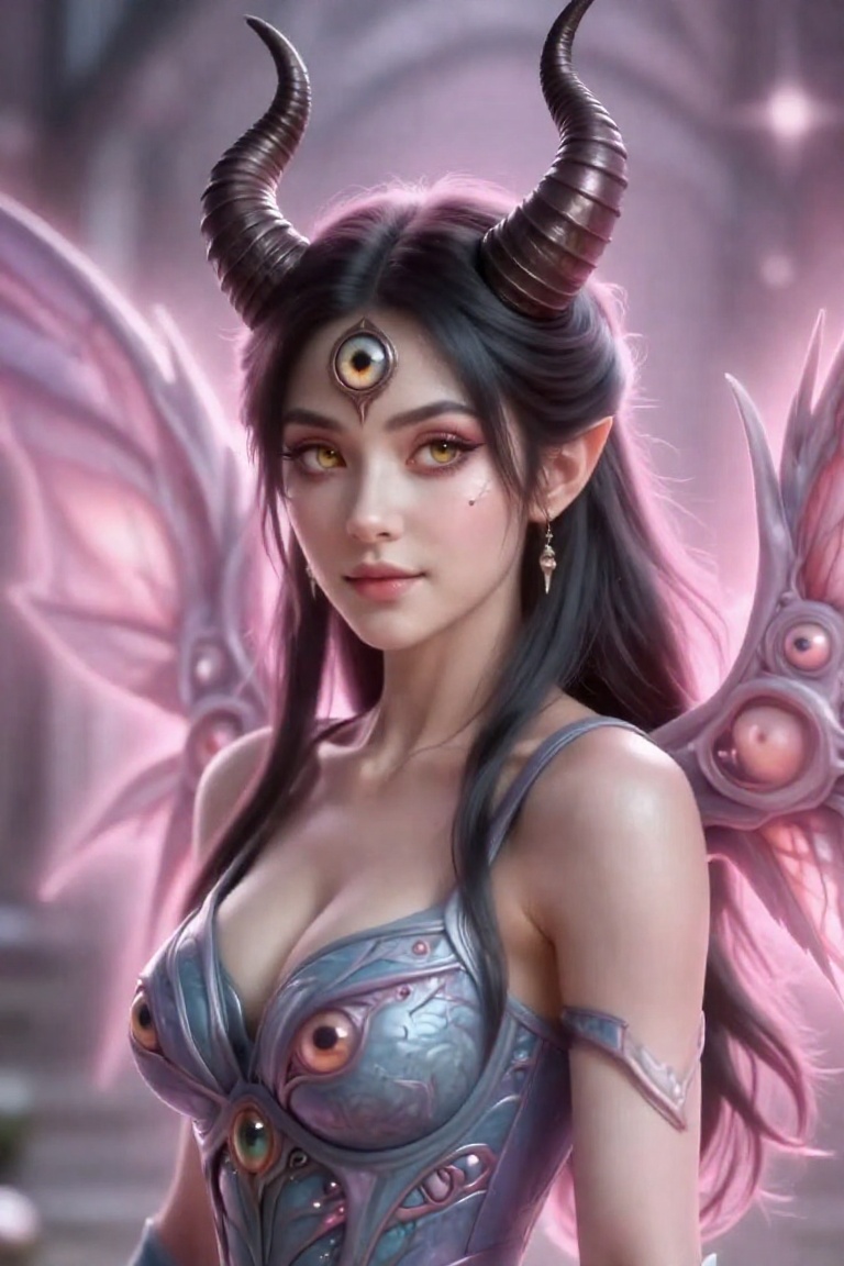 Create a detailed illustration of a 1girl character named Oculia,  featuring a third eye between her forehead,  adorned wi...
