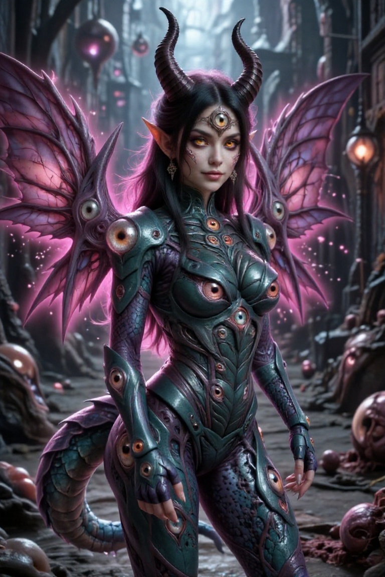 Create a captivating illustration of a 1girl character named Oculia in an apocalyptic street city setting. She possesses a...