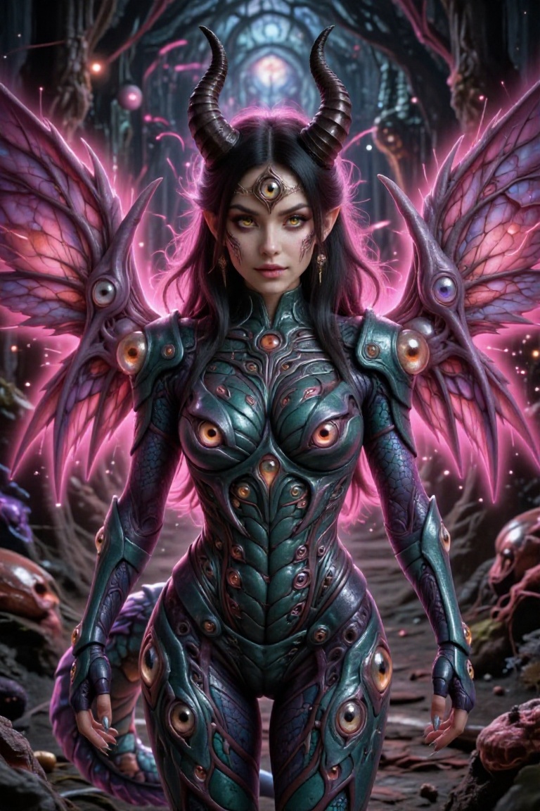 Create a digital illustration of a 1girl character named Oculia. She has a third eye between her forehead,  horns sproutin...