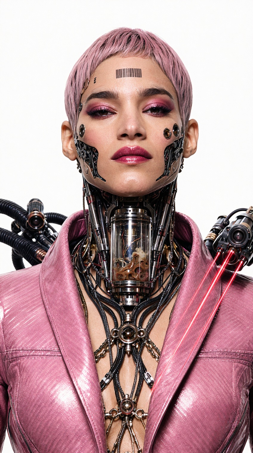 Beautiful woman cyborg,  short pale pink hair,  buzz cut pink hair on Tensor.Art