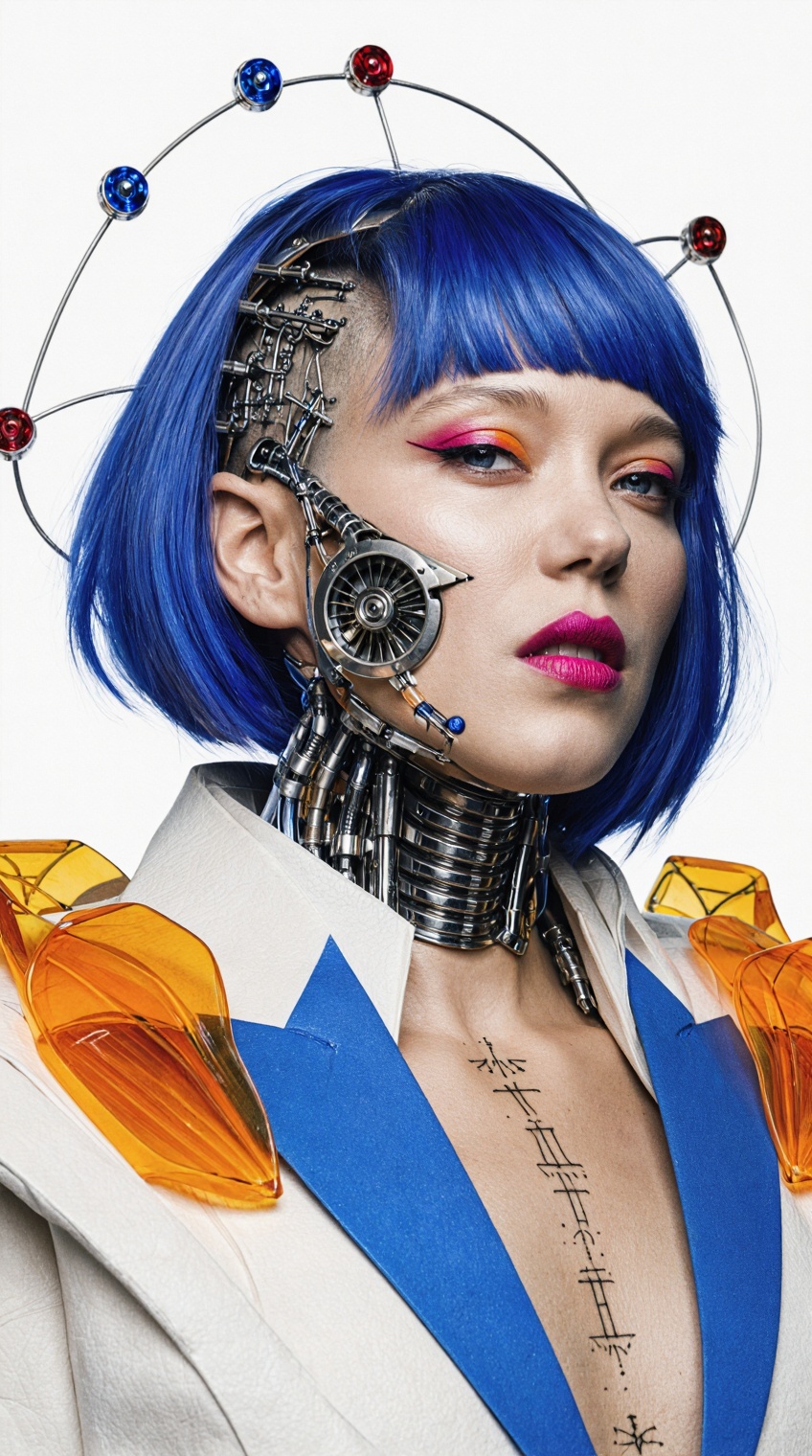 ***** woman cyborg,  portrait,  vivid cobalt blue bob haircut on Tensor.Art