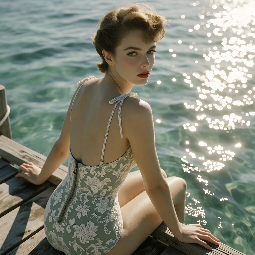 An award-winning vintage 1950s cinematic medium-format film photograph. [Subject & Retro Hollywood Aesthetics] A stunning...