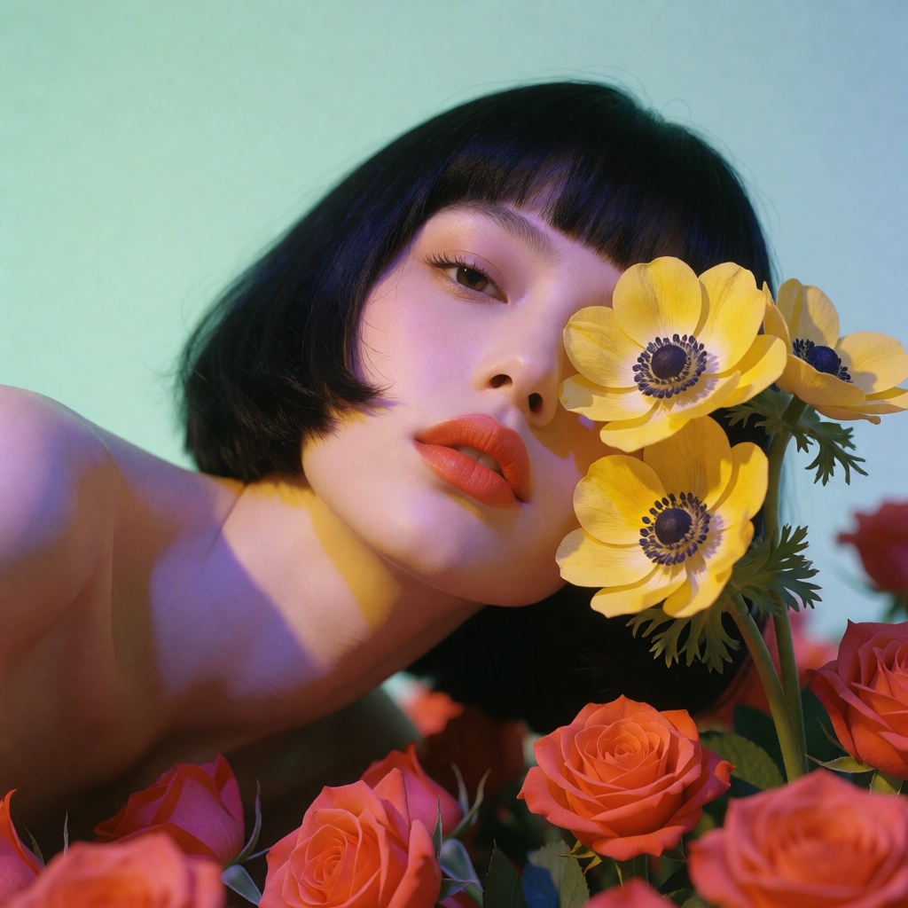 A young woman lies in a field of Red roses,  creating a dreamy,  surreal atmosphere. The overall color is a mixture of sof...