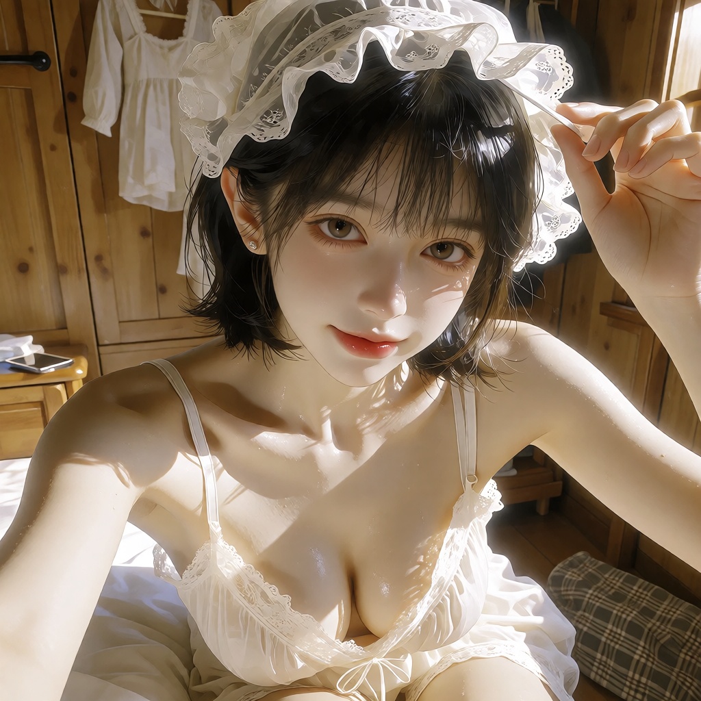 "subject": "description": "A charming young East Asian woman in her early 20s with fair porcelain skin,  taking a casual i...
