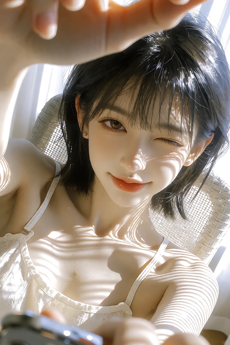 "subject": "description": "A cute young East Asian woman in her early 20s with fair skin and short black bob,  lying down...