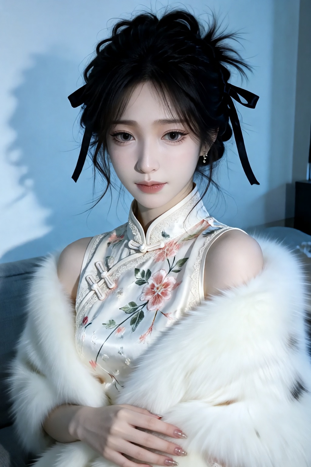the image features a person with dark,  intricately styled hair tied up with a black ribbon,  exuding an elegant and tradi...