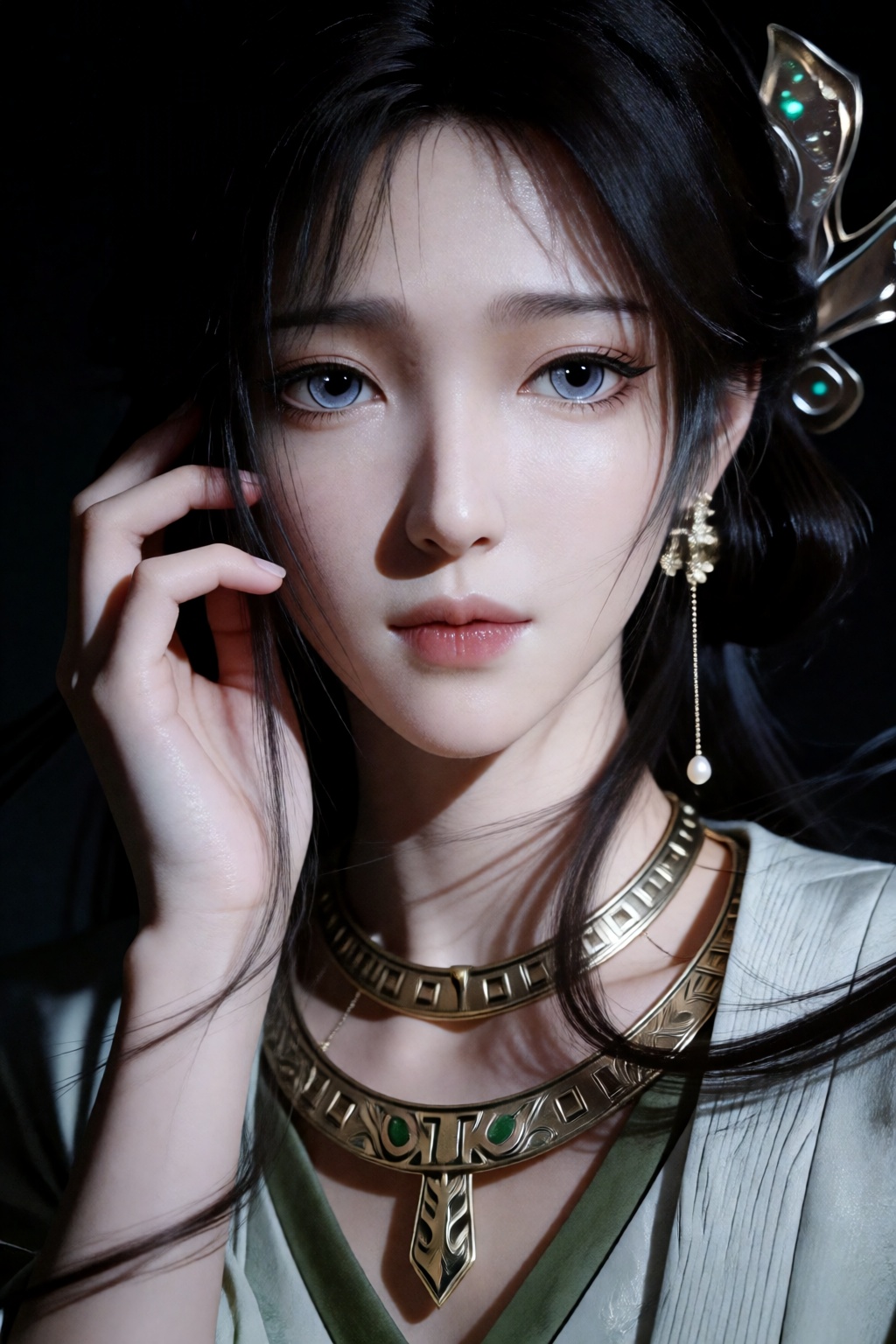 the image portrays a close-up of a woman with an ethereal and elegant appearance,  her long,  dark hair cascades over her...
