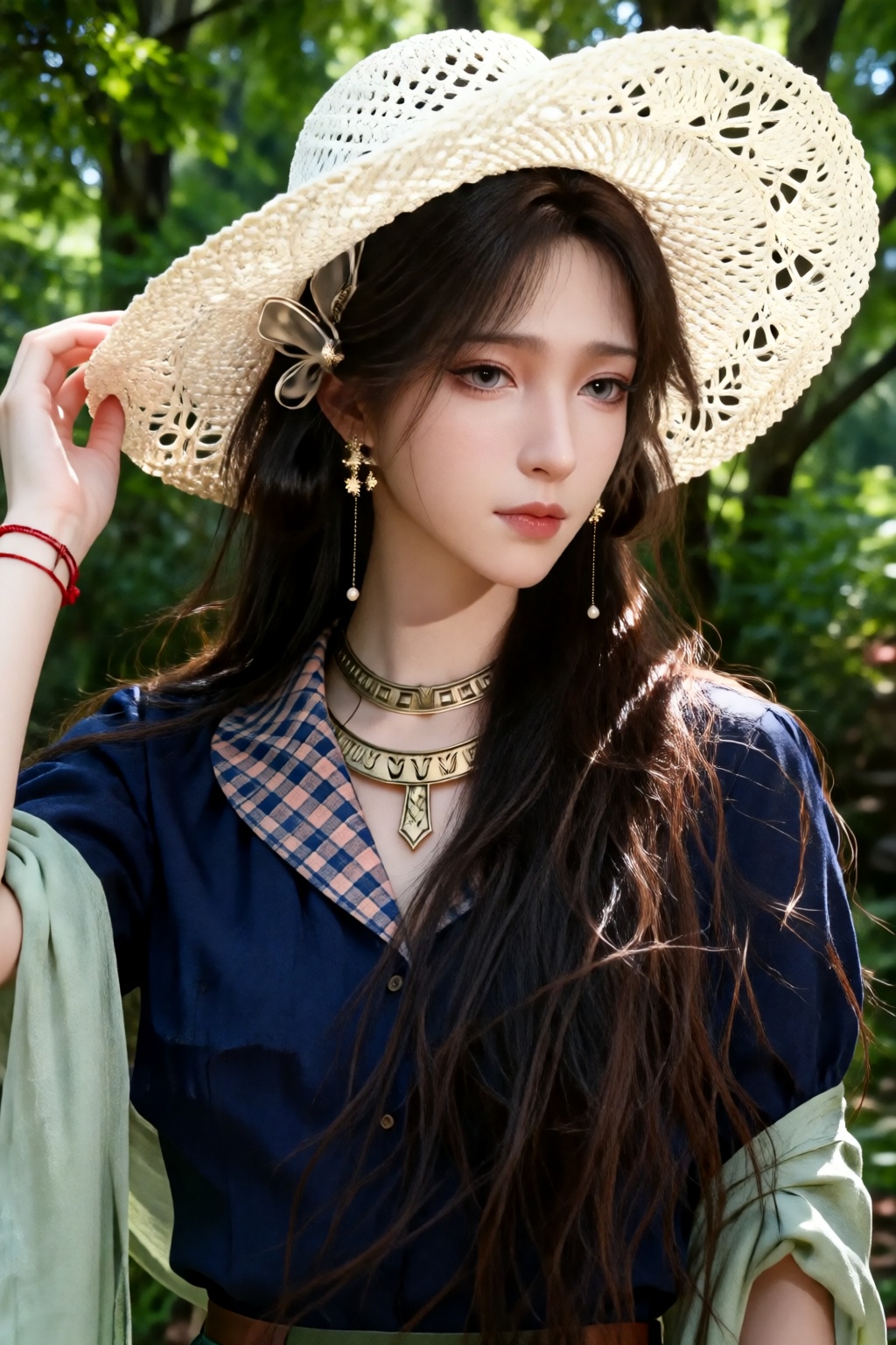 the image features a person standing outdoors in a lush,  green forested area,  they are wearing a wide-brimmed by 让AI更感性...
