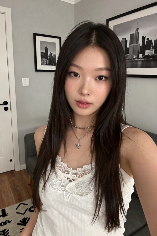 The image shows a young woman with long,  dark hair wearing a white sleeveless top with lace detailing at the neckline. Sh...