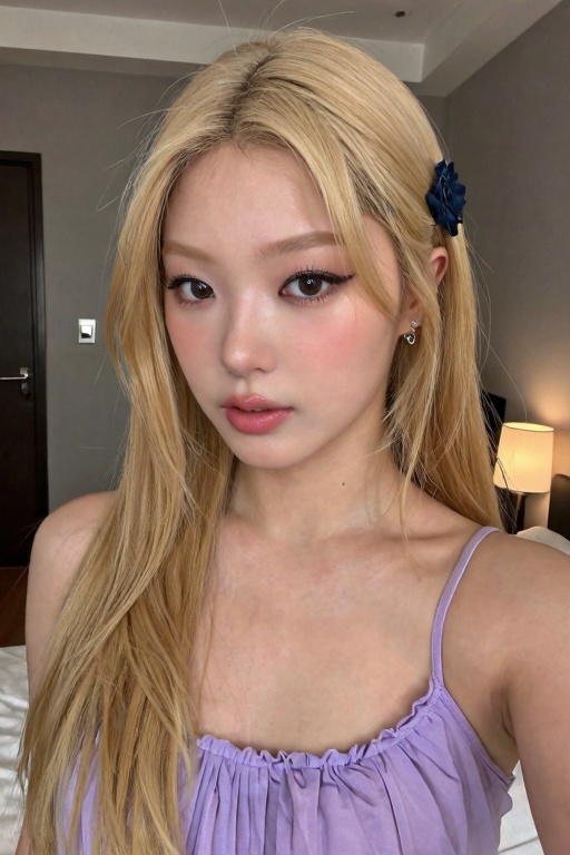 一位年轻成年女性在室内卧室中进行近距离手机自拍,  胸部以上近景构图,  人物脸部占据画面主体 on Tensor.Art