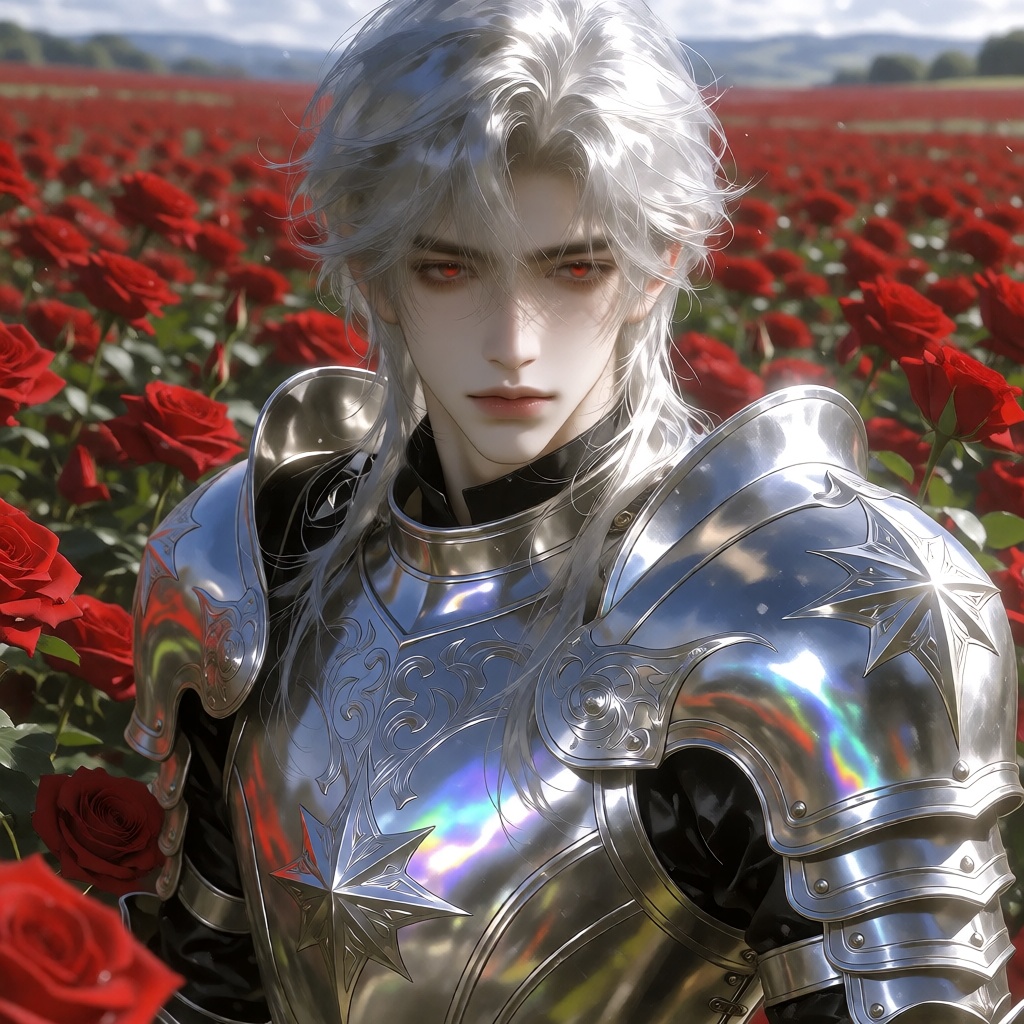A stunning anime-style portrait of a handsome young knight with long flowing silver hair and piercing red eyes. He is wear...