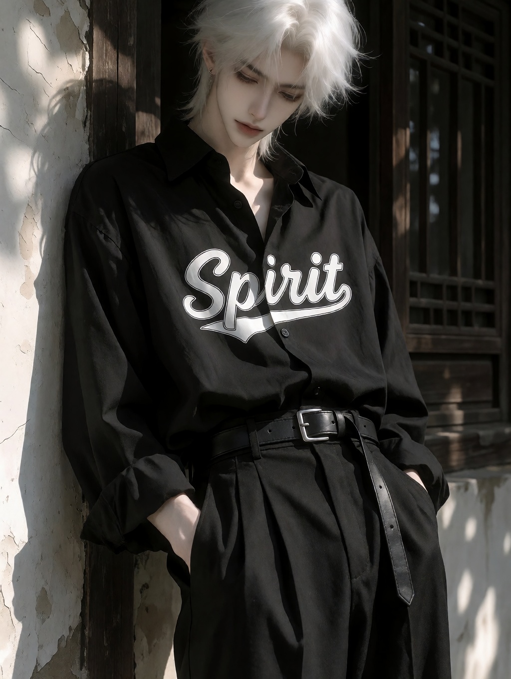 A person with white hair stands leaning against a wall,  dressed in a loose-fitting black shirt featuring the word "Spirit...