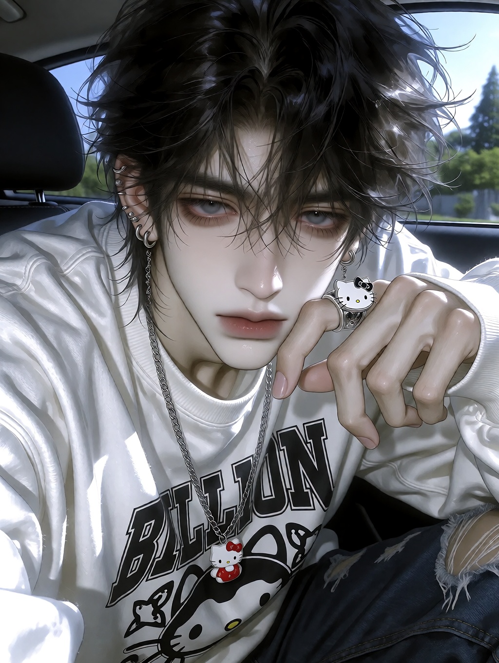 A highly detailed photorealistic close-up portrait of a strikingly handsome young East Asian man in his late teens or earl...