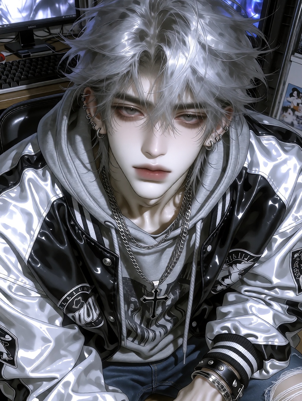 A highly detailed digital illustration close-up portrait of a strikingly handsome young East Asian man in his late teens o...