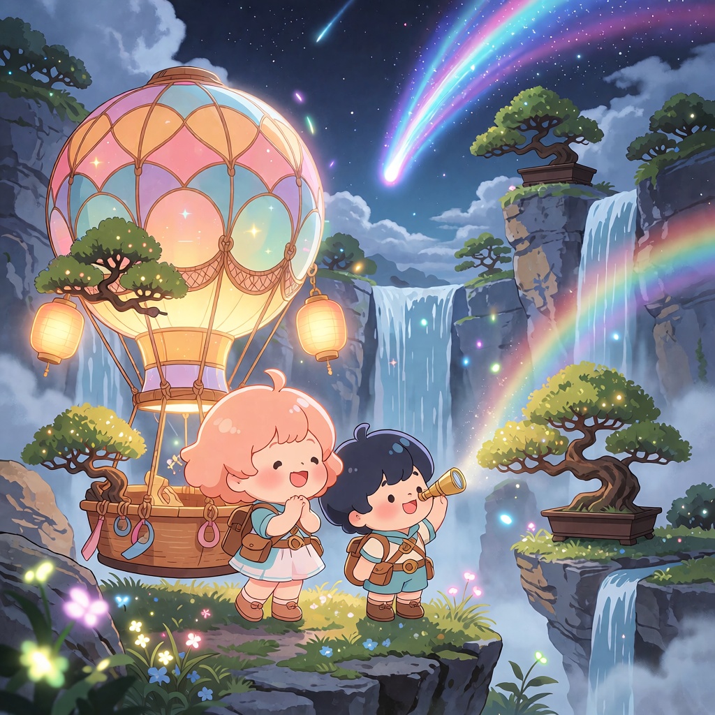 Enchanting cute kawaii anime scene: An adorable kawaii girl with fluffy peach hair and her kawaii boy companion with navy...