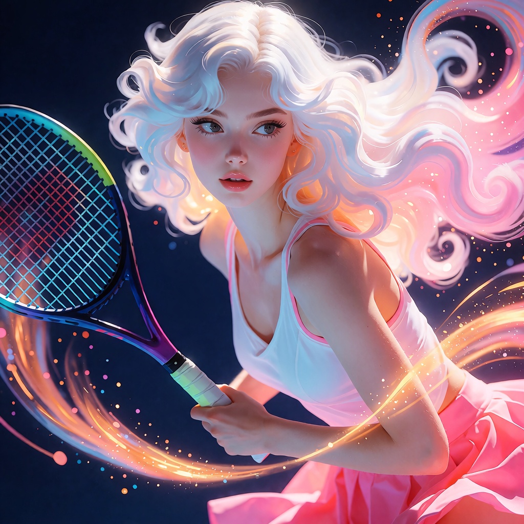 Digital painting of a female tennis player in an active,  slightly angled profile pose,  looking forward with a focused ex...