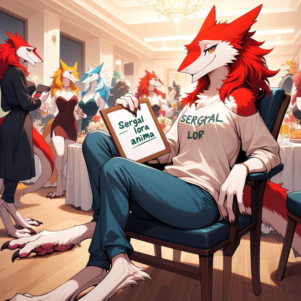 An furry sergal with red fur sitting in a chair holding a board with text "sergal lora anima" wearing casual clothes,  at...