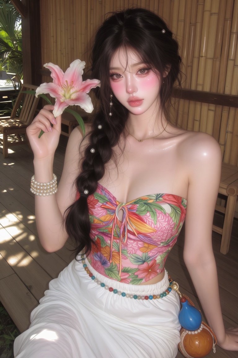beautiful young woman with long,  dark,  braided hair adorned with pearls on Tensor.Art