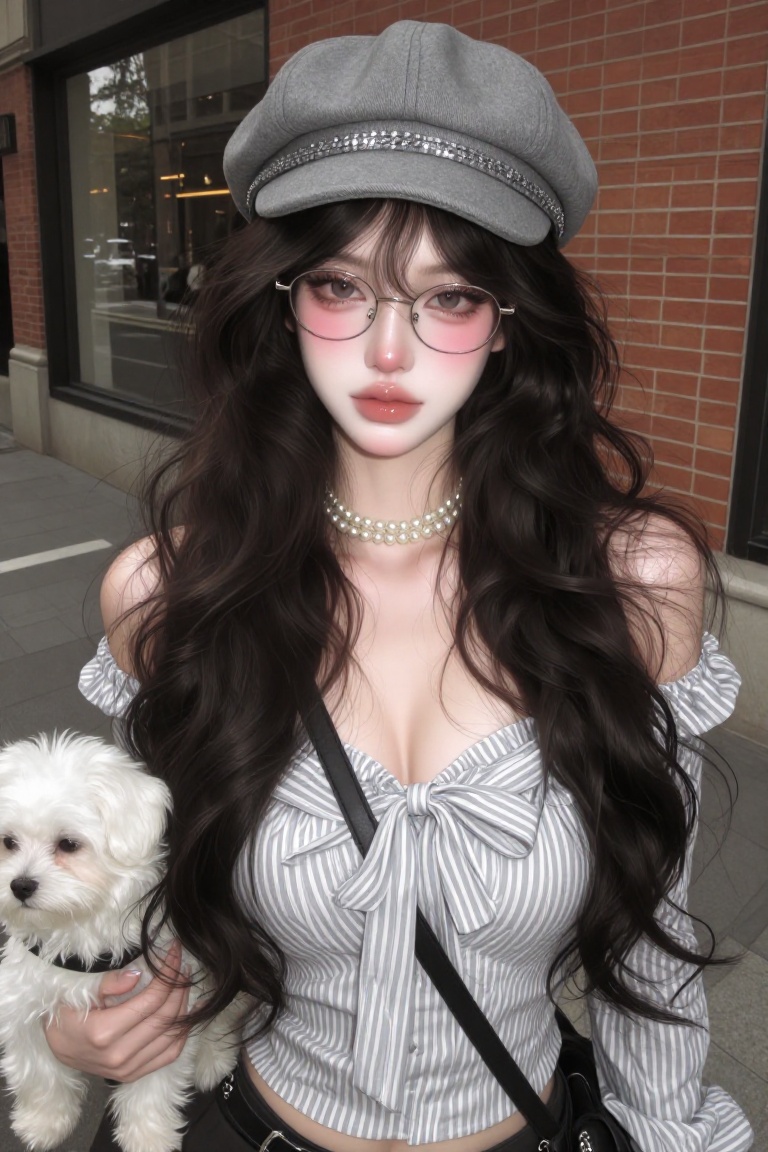 beautiful,  gorgeous young woman with very long,  voluminous dark wavy hair stands on a city sidewalk on Tensor.Art