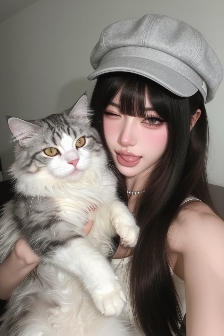beautiful,  *****,  gorgeous woman with long straight dark hair and blunt bangs holds up a large fluffy grey-and-white tab...