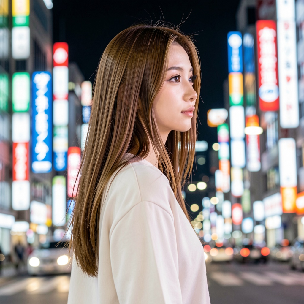 Portrait off shot of a super cute 20 year old model-like Japanese girl,  professional composition. She is walking sideways...