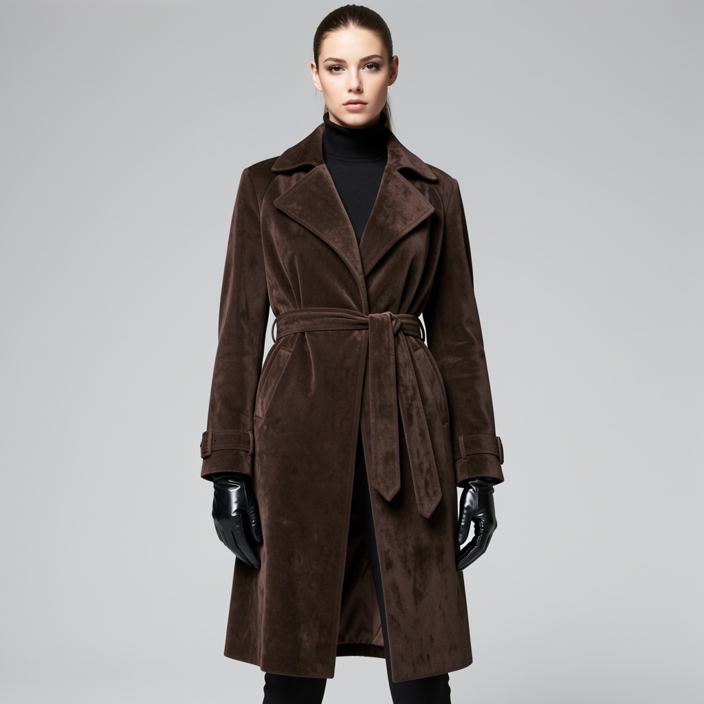 A high-fashion editorial shot of a model wearing a long,  dark chocolate brown suede trench coat with a wide lapel collar,...