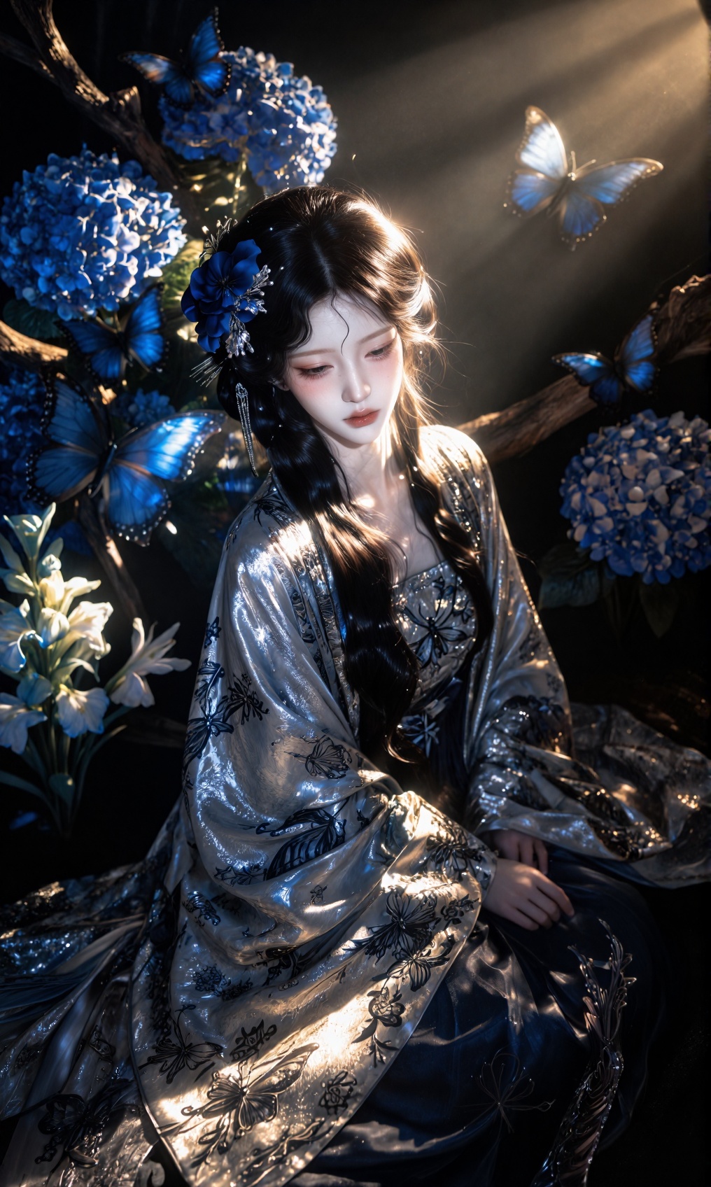 cinematic portrait photography,  stunning young Asian woman sitting elegantly on the floor,  delicate doll-like facial fea...