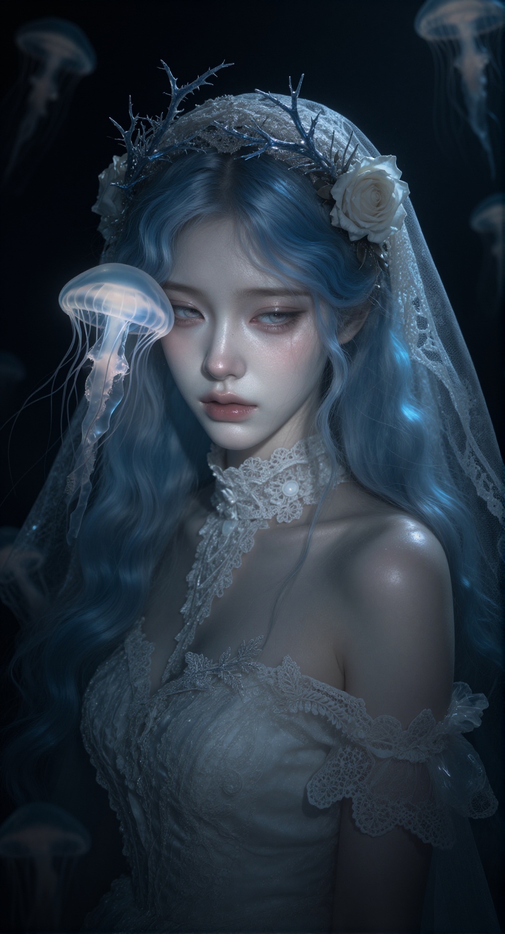 cinematic dark fantasy portrait,  gorgeous young woman,  delicate melancholic facial features on Tensor.Art