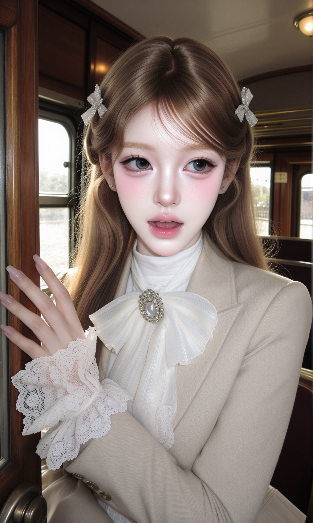 candid retro train portrait,  gorgeous hyper-realistic doll-like young Asian woman,  striking symmetrical doll features on...