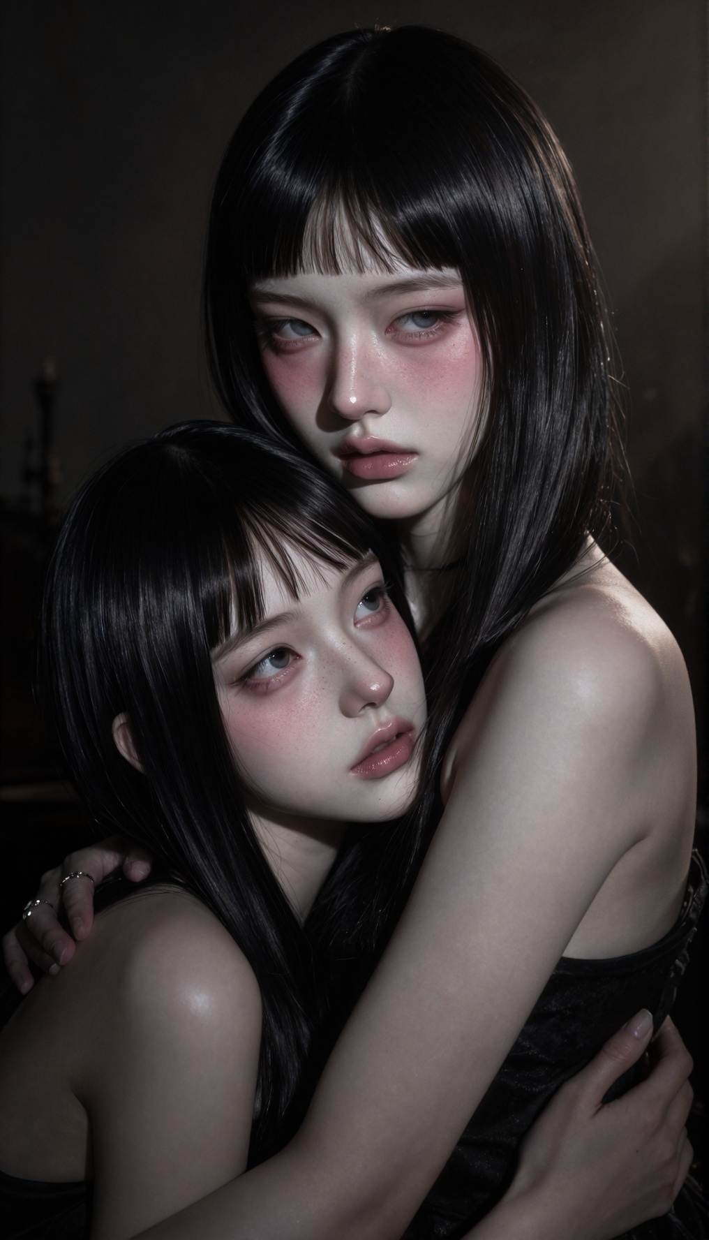 intimate dual portrait,  two beautiful young women with a cold doll-like aesthetic,  the woman in the foreground has sharp...