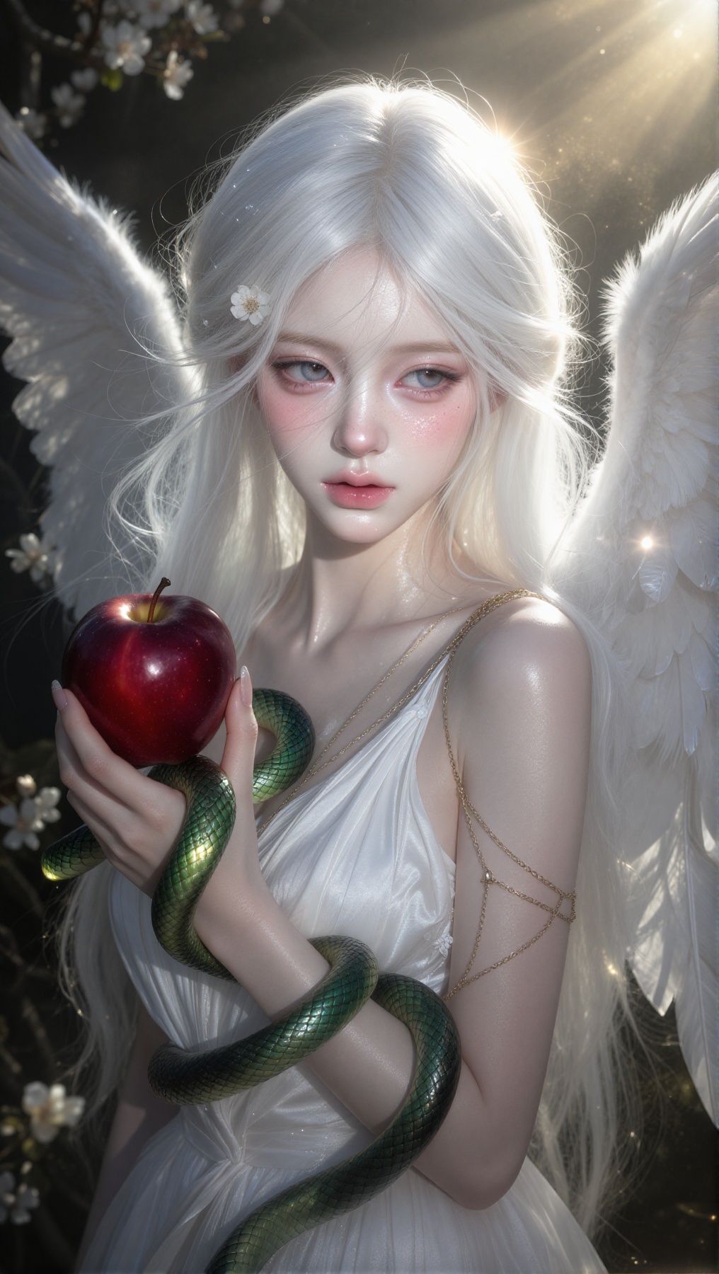 cinematic dark fantasy portrait,  gorgeous young angel with delicate doll-like facial features,  porcelain skin with high-...