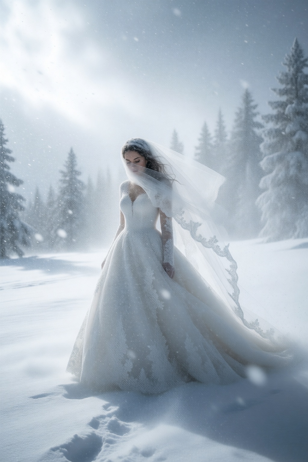 A solitary bride stands amidst a furious blizzard,  her elaborate white lace wedding gown catching the swirling snow. The...