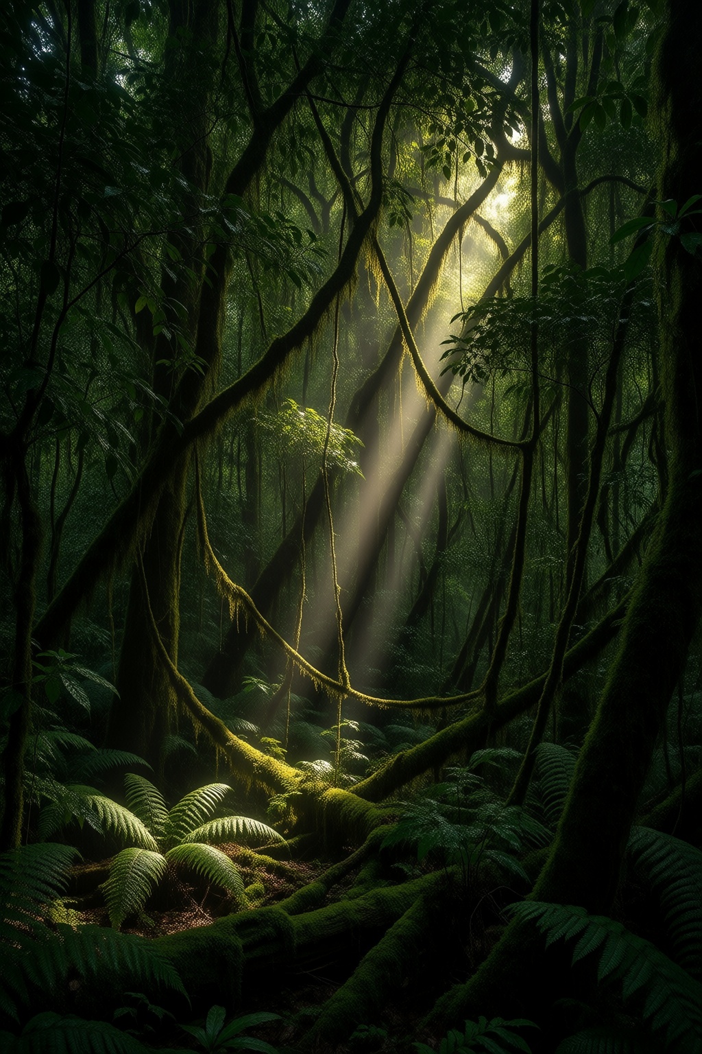 A dense,  primeval rainforest canopy stretches overhead,  choked with millions of overlapping on Tensor.Art