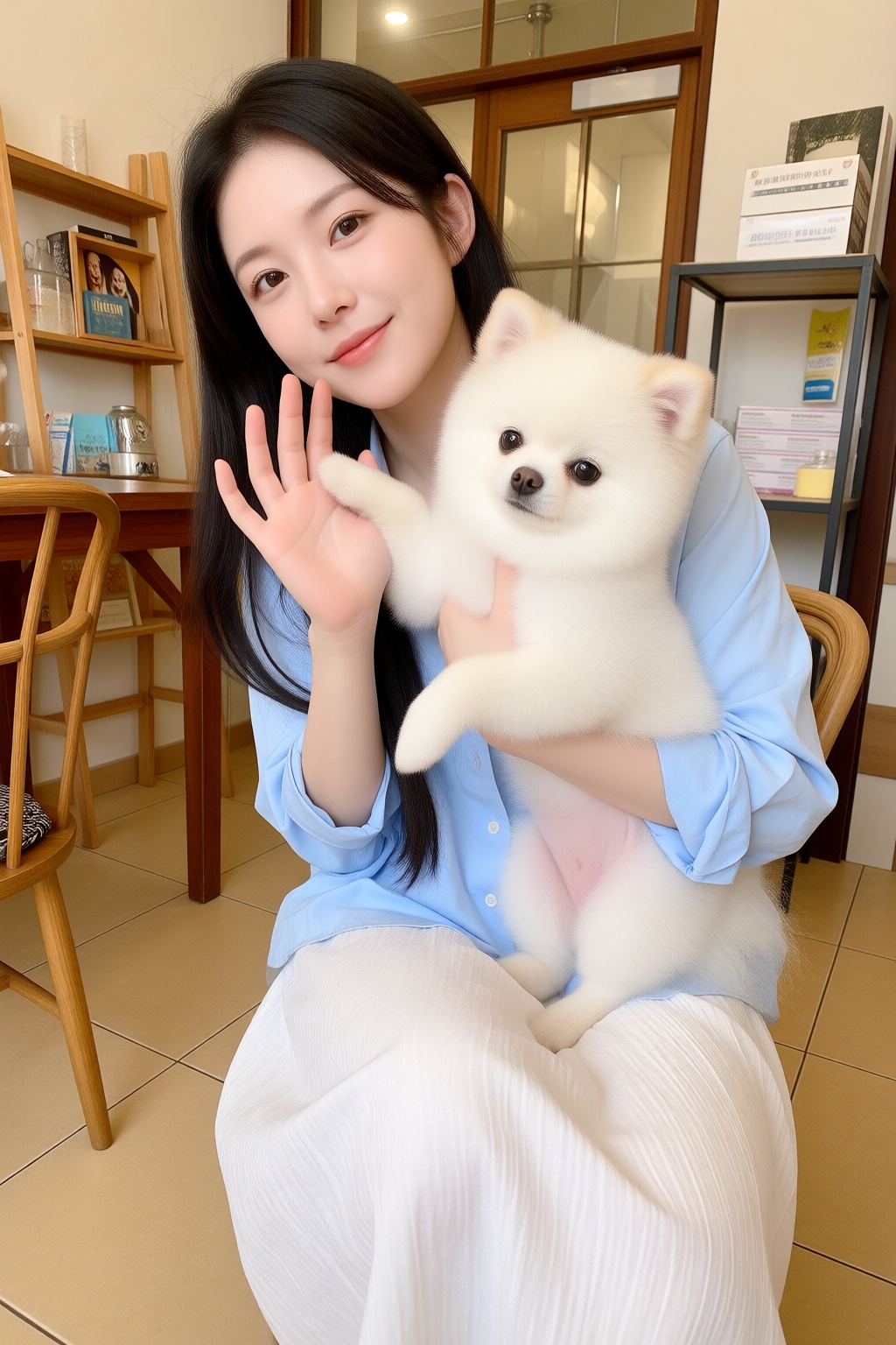 Extremely fair skin,  Korean-style beauty filter,  pure white fur. On a weekend afternoon at a pet grooming salon on Tenso...