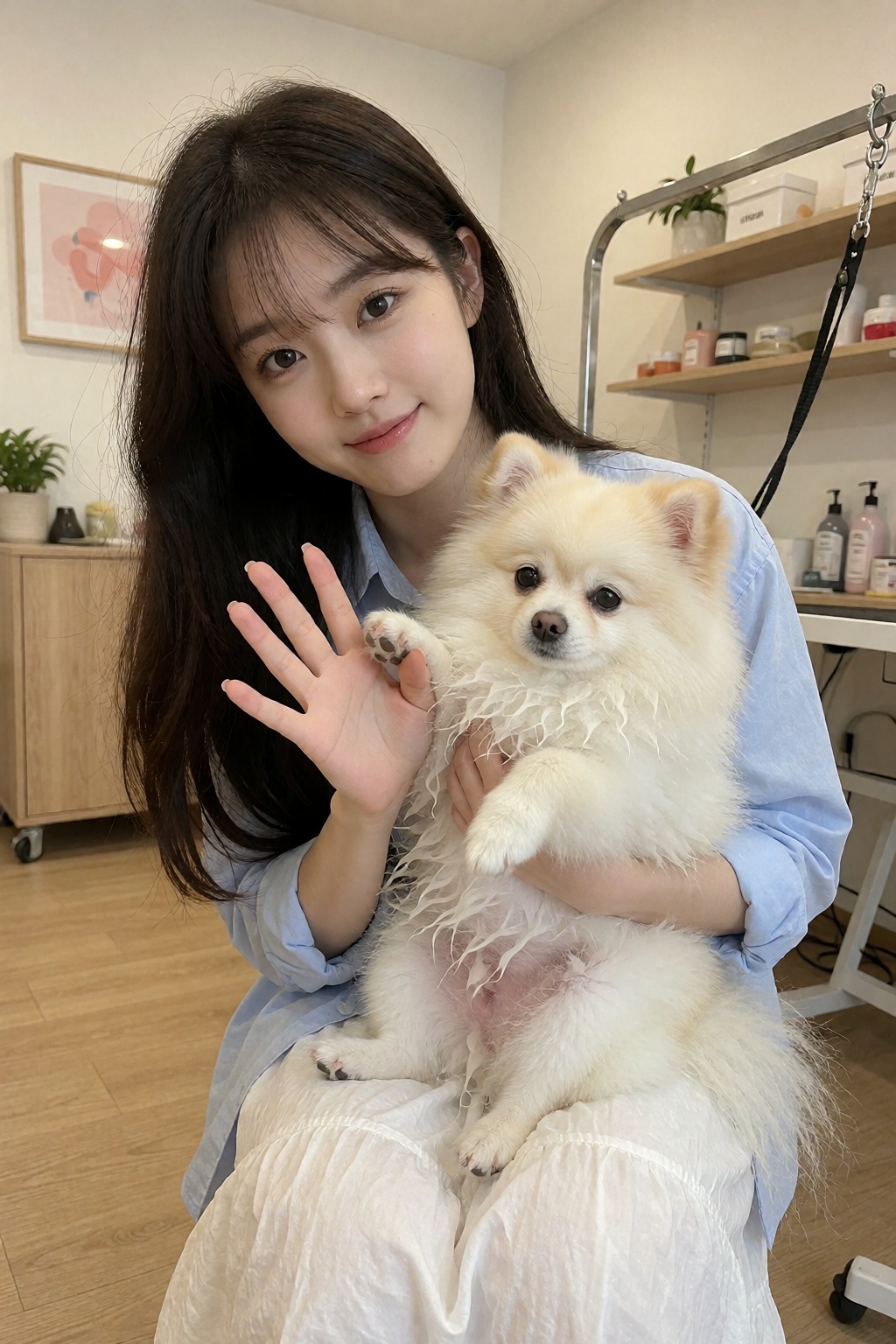Extremely fair skin,  Korean-style beauty filter,  pure white fur. On a weekend afternoon at a pet grooming salon on Tenso...