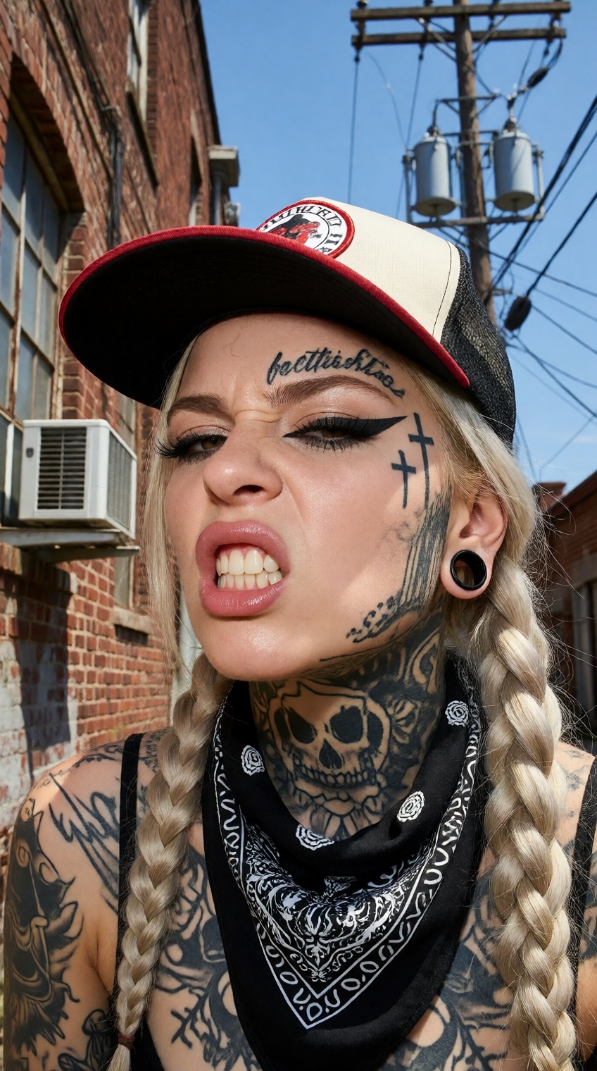 Raw smartphone candid photograph,  close-up portrait. A badass young woman with an aggressive snarl,  baring her teeth wit...