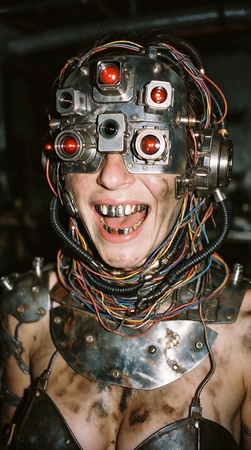 Raw smartphone candid photograph,  high ISO noise and film grain. cyber_g1rl,  a scrappy junkyard cyber-scavenger laughing...