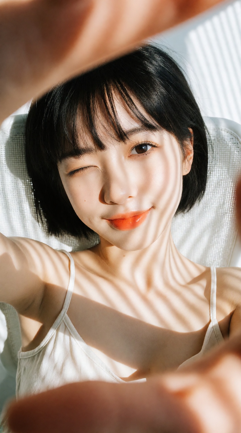"subject": "description": "A cute young East Asian woman in her early 20s with fair skin and short black bob,  lying down...