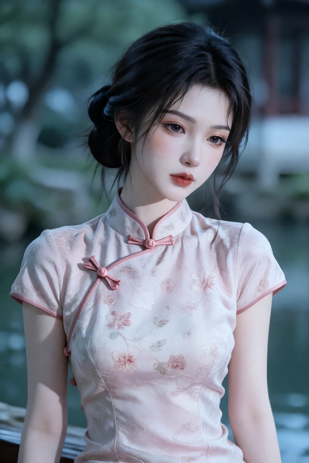生活写实照,  the image portrays a young woman dressed in a delicate,  light pink qipao adorned with subtle floral embroidery by...