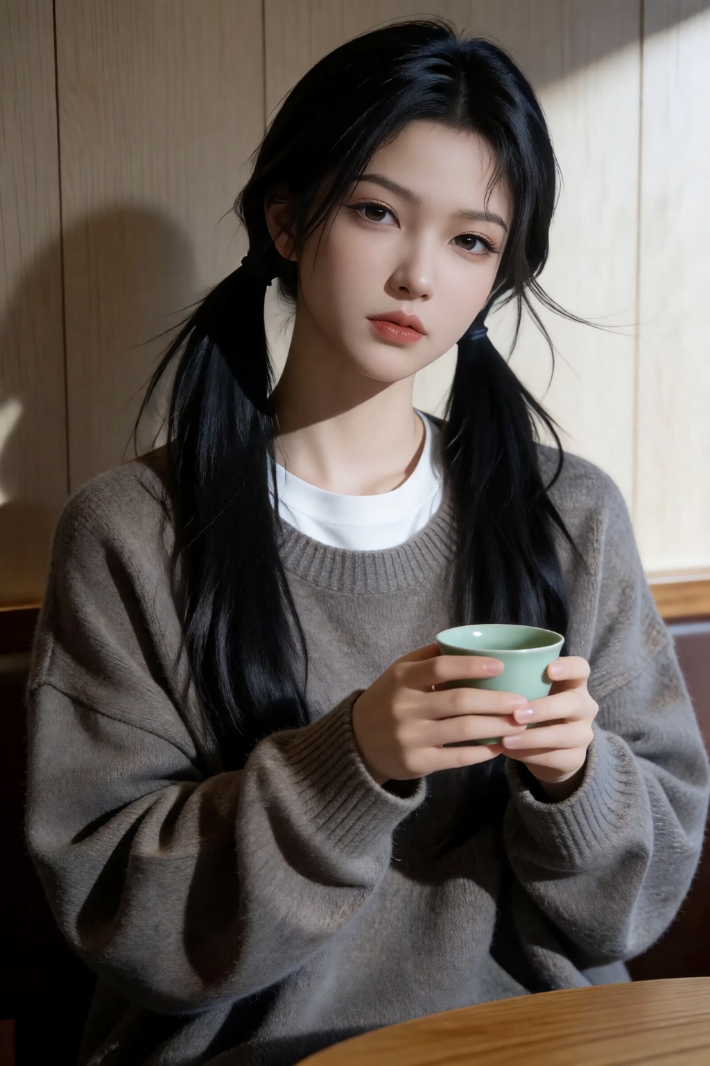 生活写实照,  the image portrays a serene and softly lit scene featuring a young woman with long,  sleek black hair styled in tw...
