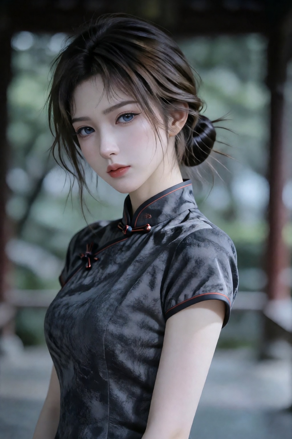 生活写实照,  the image features a woman dressed in a traditional chinese qipao,  characterized by its high collar and side-fast...