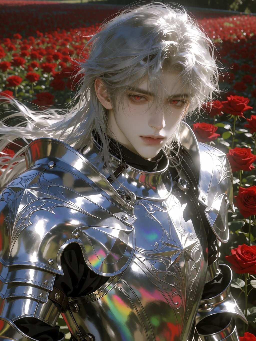 A stunning anime-style portrait of a handsome young knight with long flowing silver hair and piercing red eyes. He is wear...