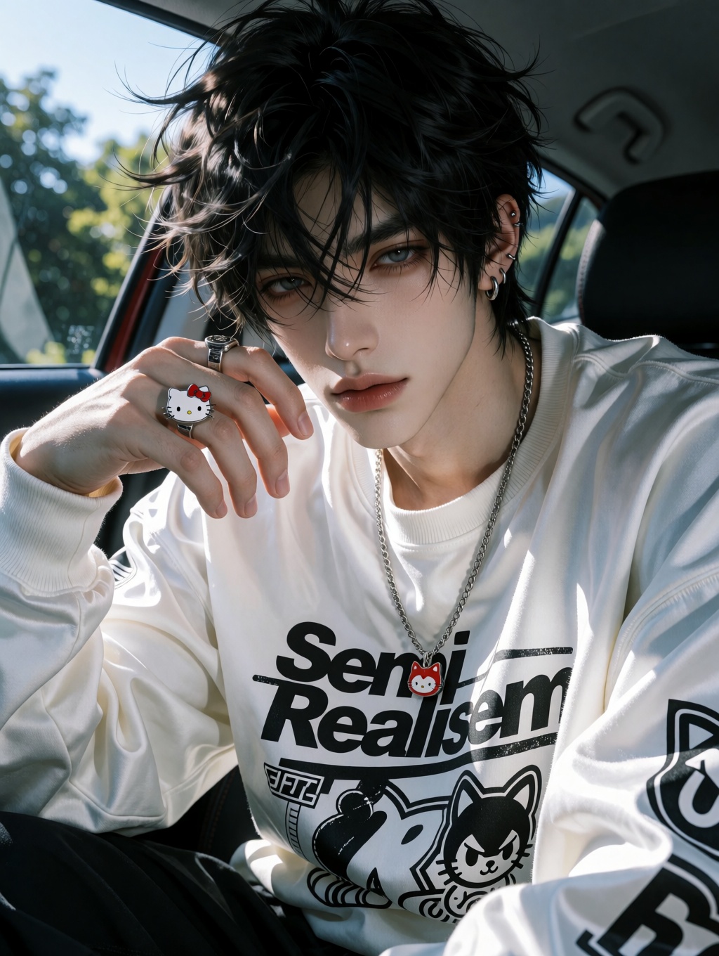 A highly detailed photorealistic close-up portrait of a strikingly handsome young East Asian man in his late teens or earl...